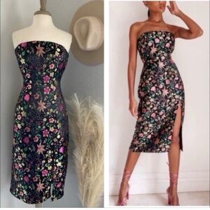 Lulu's satin floral jacquard strapless dress
